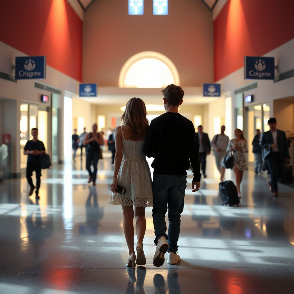 Surreal dream scene, cinematic and atmospheric, digital art: A young girl and a boy walk through a large, brightly lit mall that has transformed from their school on the last day of classes, with the boy holding a small, elegant cologne sample bottle while they momentarily part ways amid the crowd.