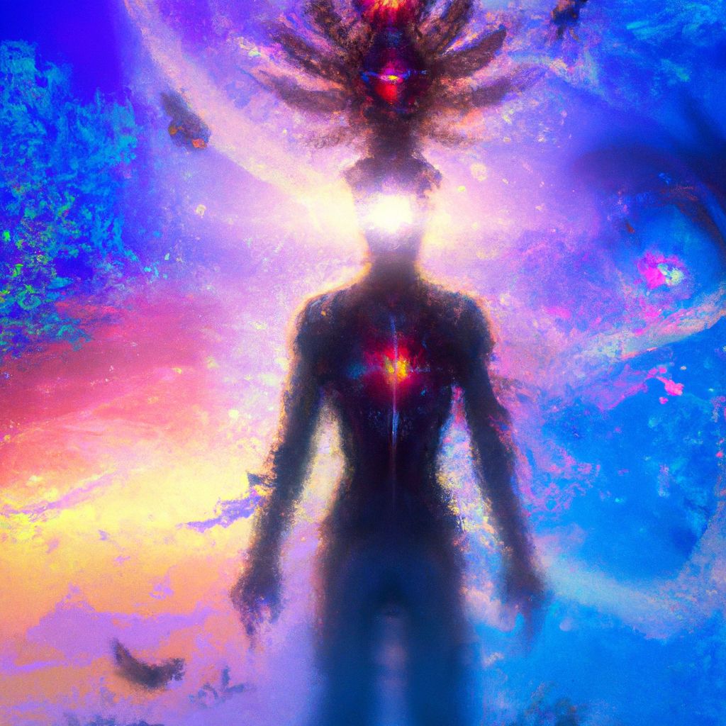 Digital art, A person is floating weightlessly in a vibrant, ethereal dreamscape, their body adorned with glowing symbols and their eyes filled with a knowing spark of awareness.