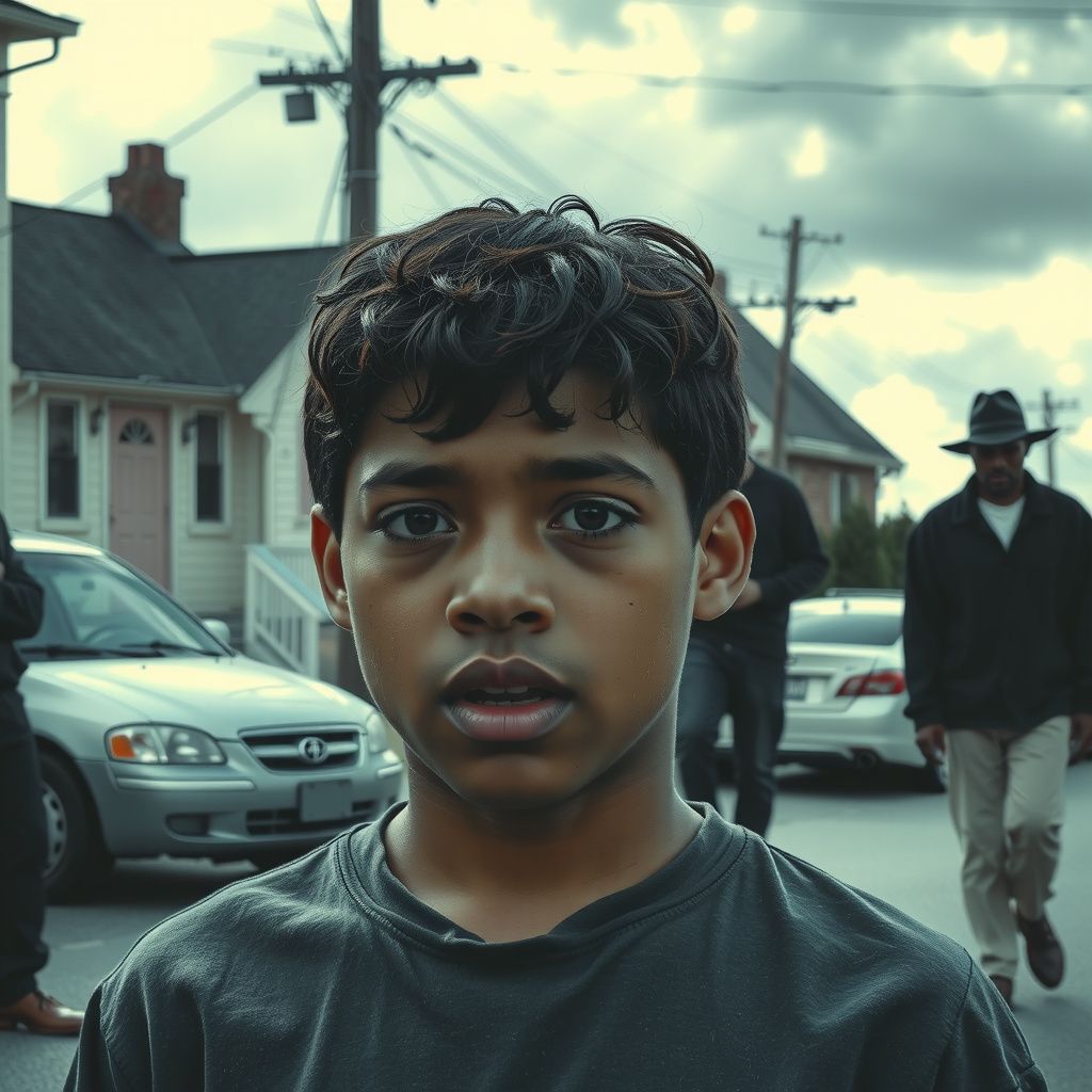 Surreal dream scene, cinematic and atmospheric, digital art: A tense urban scene depicting a young Black boy standing his ground while two intimidating skinhead men confront him on a quiet neighborhood street, surrounded by curious older residents watching from their porches under a cloudy sky.