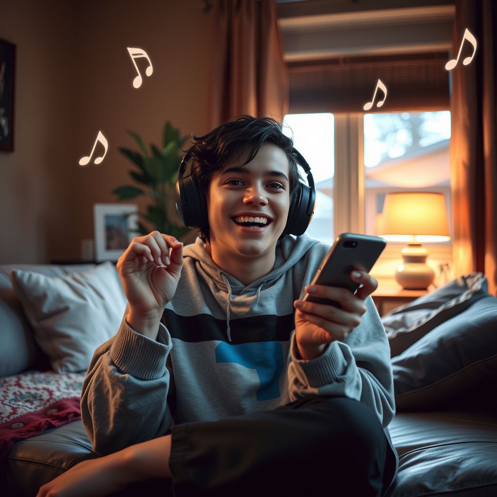 Surreal dream scene, cinematic and atmospheric, digital art: A joyful young person sitting at home with headphones, surprised and delighted to hear their own voice featured clearly in a song by Chris Brown playing on a smartphone, with a cozy room ambiance and musical notes floating around.