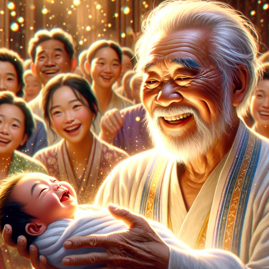 Digital art 4k scene from a movie: An elderly man celebrating the miraculous birth of his newborn baby boy, marveling at the beauty of his caramel skin, hazel eyes, and thick dark hair, beaming with pride as everyone around him is captivated by the infant's charming smile.