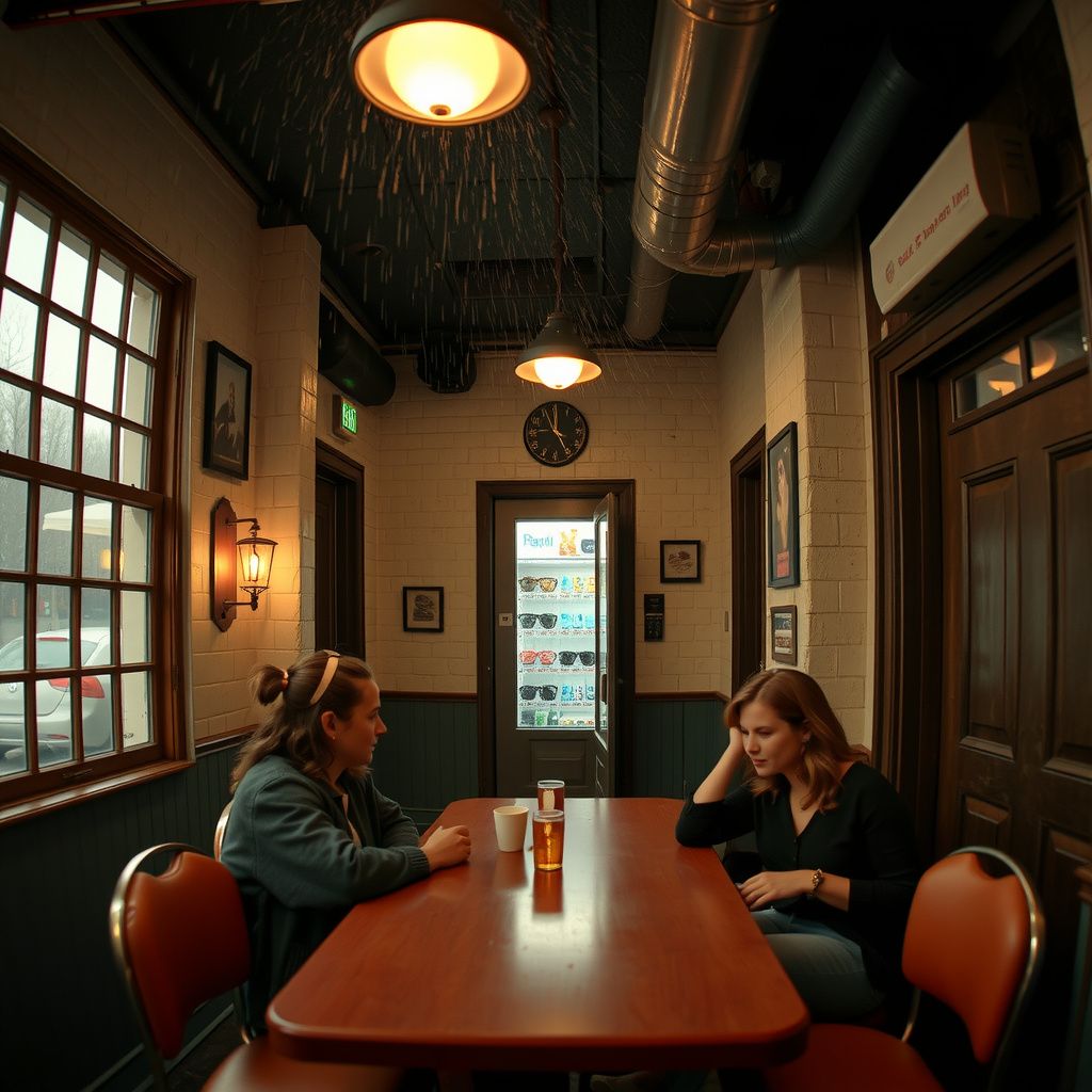 Surreal dream scene, cinematic and atmospheric, digital art: A group of college friends reunites at a cozy restaurant in NY/NJ before embarking on a rainy, challenging journey through an unusual indoor adventure park maze with multiple elevators, a quirky sunglasses vending machine, and moments of camaraderie and quiet reflection.