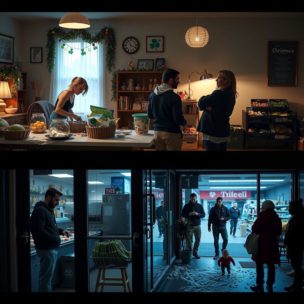 Surreal dream scene, cinematic and atmospheric, digital art: A cozy apartment whimsically decorated with colorful shamrocks and tinsel as friends joyfully prepare gift baskets together, contrasted with a dimly lit grocery store at night where a small child crawls into falling snow outside under the watchful eyes of concerned onlookers.