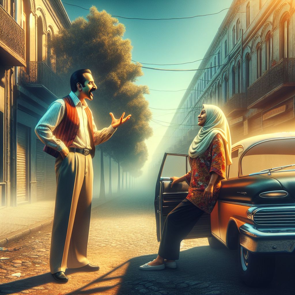 Surreal dream scene, cinematic and atmospheric, digital art: A candid street scene featuring a middle-aged man humorously performing a political comedy bit while standing outside a car window, engaged in a lively conversation with the driver on a sunny day in a quiet urban neighborhood.