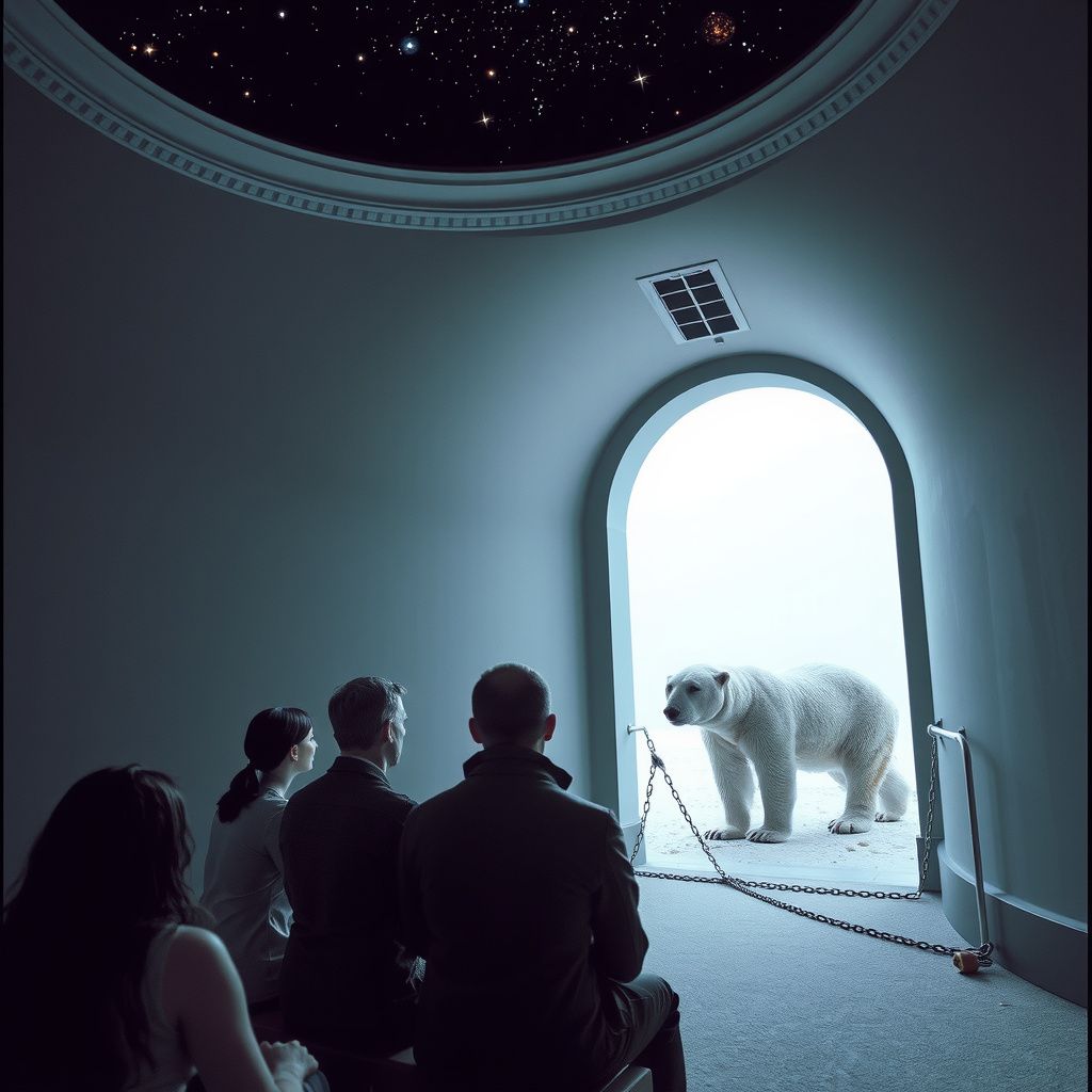 Surreal dream scene, cinematic and atmospheric, digital art: A surreal scene inside a planetarium with a live polar bear chained near a narrow hallway, people seated under a domed ceiling displaying stars, capturing the unusual and dreamlike atmosphere.