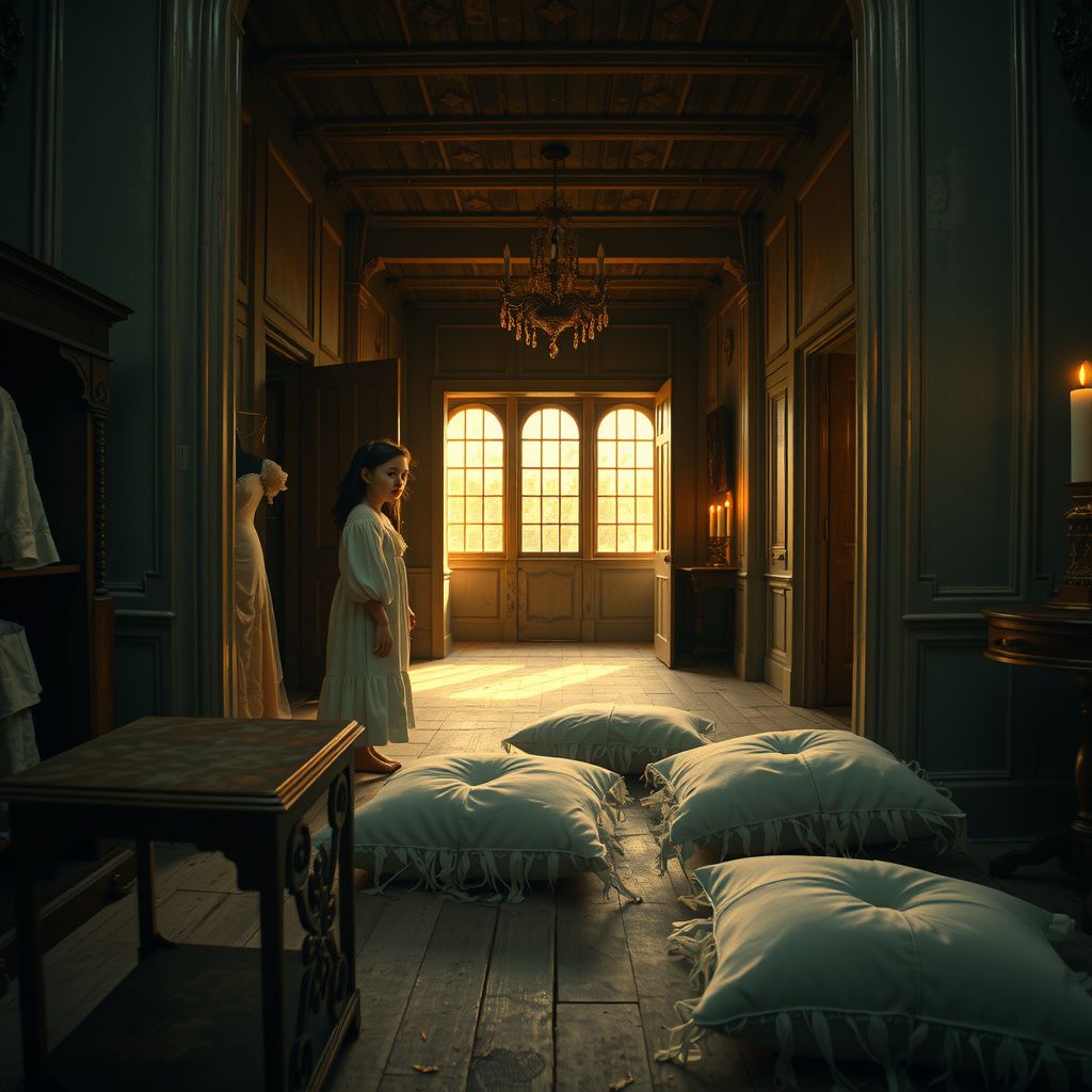 Surreal dream scene, cinematic and atmospheric, digital art: A pale olive-skinned girl with black hair and red eyes, dressed in an 1800s ivory nightgown, cautiously peeks behind a door in a grand, dimly lit factory filled with vintage costumes and feather pillows, as flickering candlelight casts dancing shadows around her.