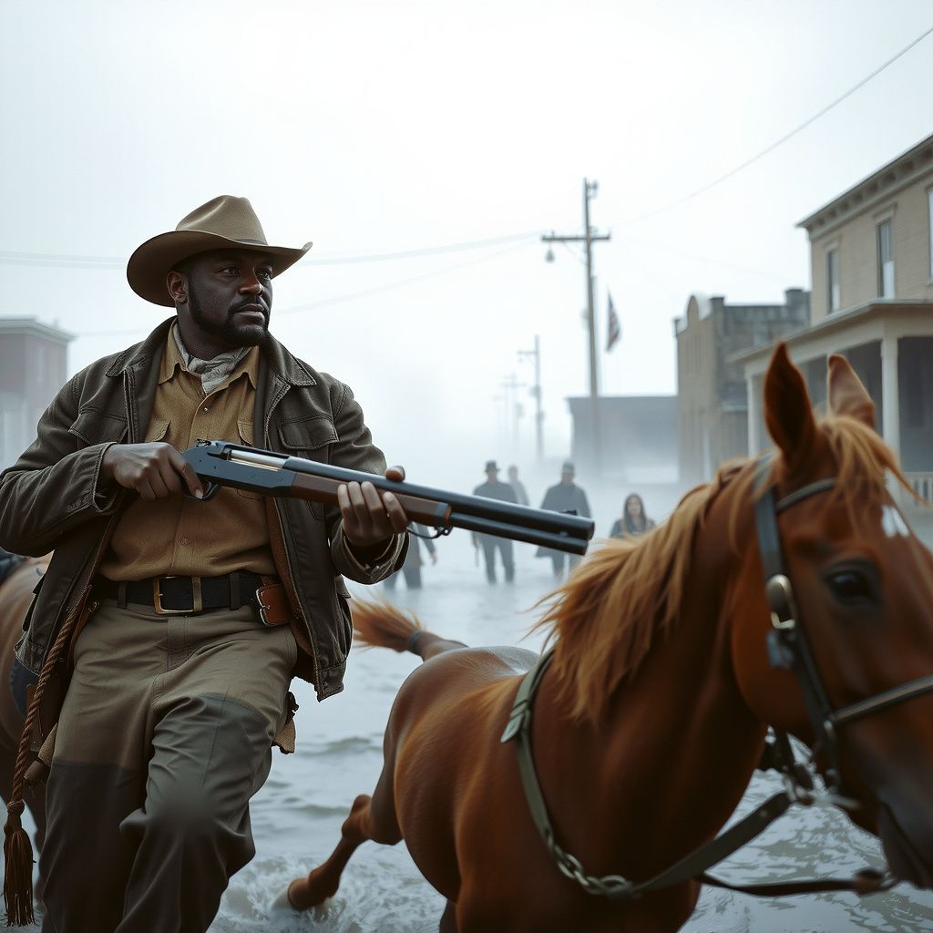 Surreal dream scene, cinematic and atmospheric, digital art: A dramatic Western scene with Idris Elba dressed as a cowboy in brown clothing and hat, holding a shotgun, riding a horse alongside a bald black man with a beard, as they try to rescue people from a flooded frontier town filled with white foam.