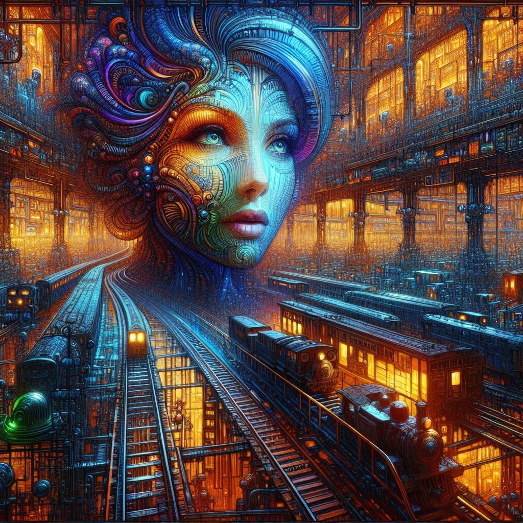 Digital art 4k scene from a movie: Dreaming of a world where trains criss-crossed and infinite grocery stores held secrets, Matilda's face appeared on the screen but was different from before, sparking a sense of nostalgia mixed with curiosity.