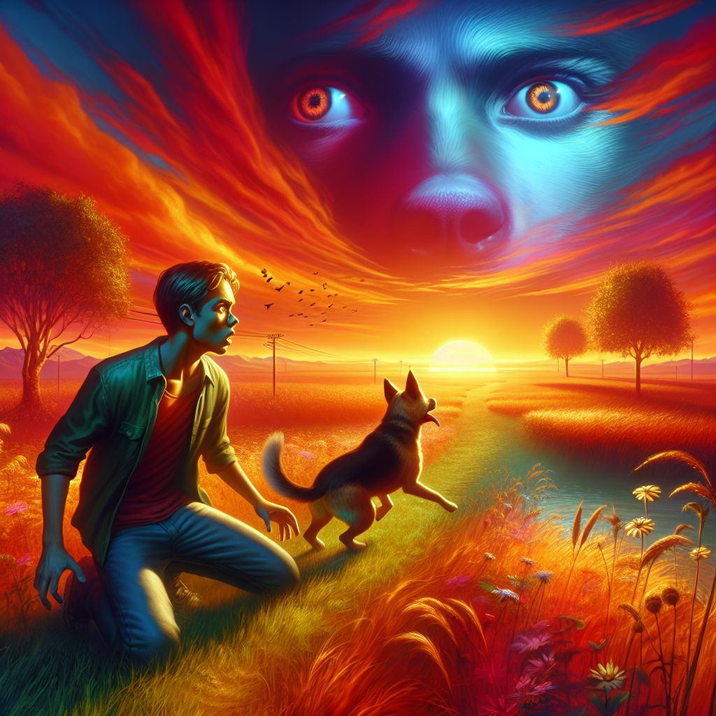 Digital art 4k scene from a movie: Create an image of a young adult searching frantically in a colorful, dream-like landscape for their family dog named Max, who suddenly disappeared into the sunset after making a strange growling noise.