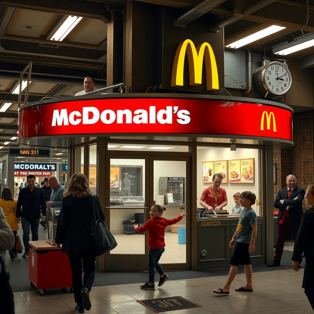 Surreal dream scene, cinematic and atmospheric, digital art: A bustling major Manhattan transportation hub with a small, cozy McDonald’s storefront next to a tiny children’s party play area where a cheerful woman leads kids in playful movements, while inside, a kind young employee joyfully prepares food with patience and warmth.