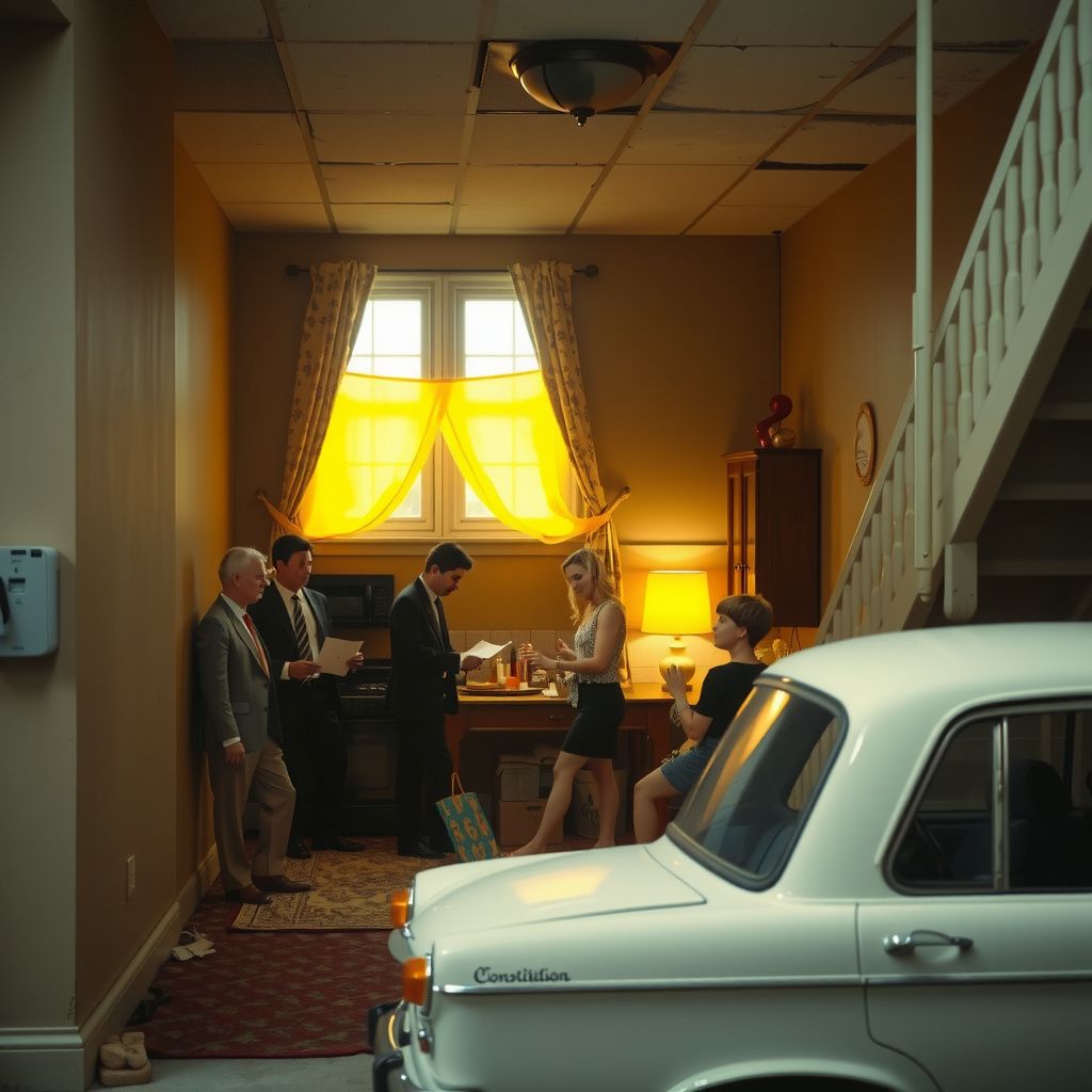 Surreal dream scene, cinematic and atmospheric, digital art: A surreal scene depicting a young woman discovering a hidden underground apartment where a group of quirky 90s-style men are carefully counting yellowed pages of the Constitution, while outside a damaged white car with a bent wheel sits near a lively birthday party in a cozy basement filled with children and festive decorations.