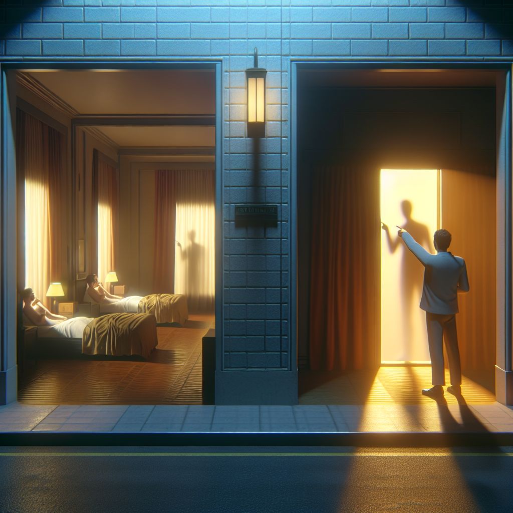 Digital art 4k scene from a movie: Upon hearing the loud and pornographic noises coming from the neighboring hotel room, the dreamer felt both amused and slightly uncomfortable, wondering if the people inside would be surprised to learn that their lovemaking had infiltrated his dreams and caused a real-life physical reaction.