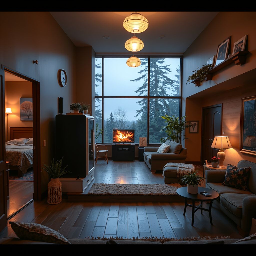 Surreal dream scene, cinematic and atmospheric, digital art: A cozy converted massage studio turned family home with a hallway leading to bedrooms, private showers, unusual black machine with a glowing screen, multiple living areas filled with couches and TVs, floor-to-ceiling windows with seating around the ledge, and a lush garden with herbs and winding pathways.