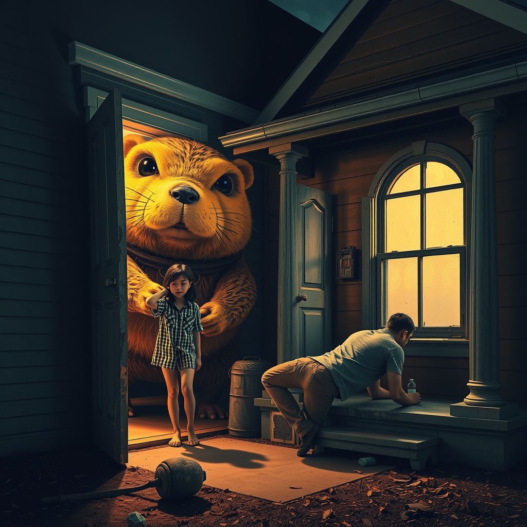 Surreal dream scene, cinematic and atmospheric, digital art: A tense scene showing a muscular, oversized bee resembling a beaver lurking outside a rustic, worn one-story house while a worried Asian girl and a man try to close a partially open screen door and call a dog named Oliver to safety.