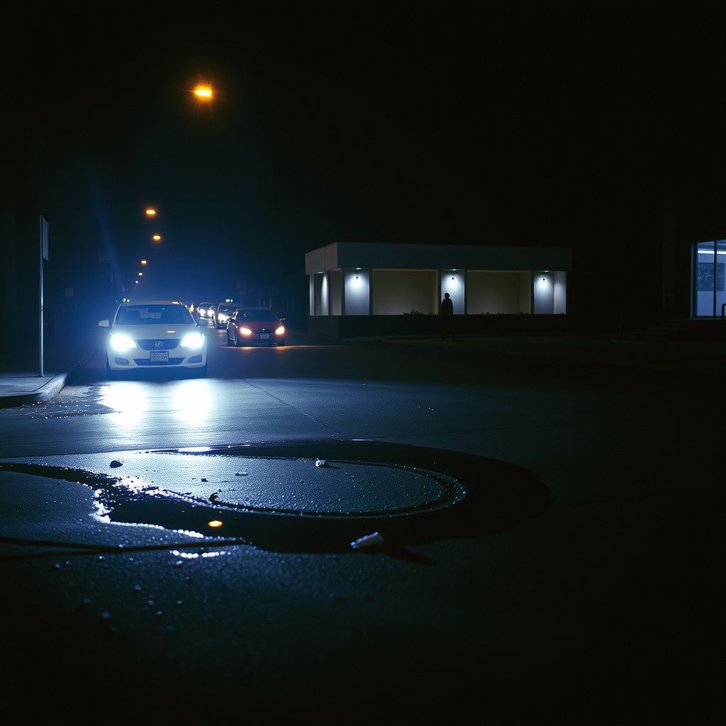 Surreal dream scene, cinematic and atmospheric, digital art: A woman driving alone at night through a dark, empty upper Manhattan street with minimal streetlights, cautiously navigating around a large puddle, encountering a few distant pedestrians including a young man shielding his eyes from her car's bright headlights.