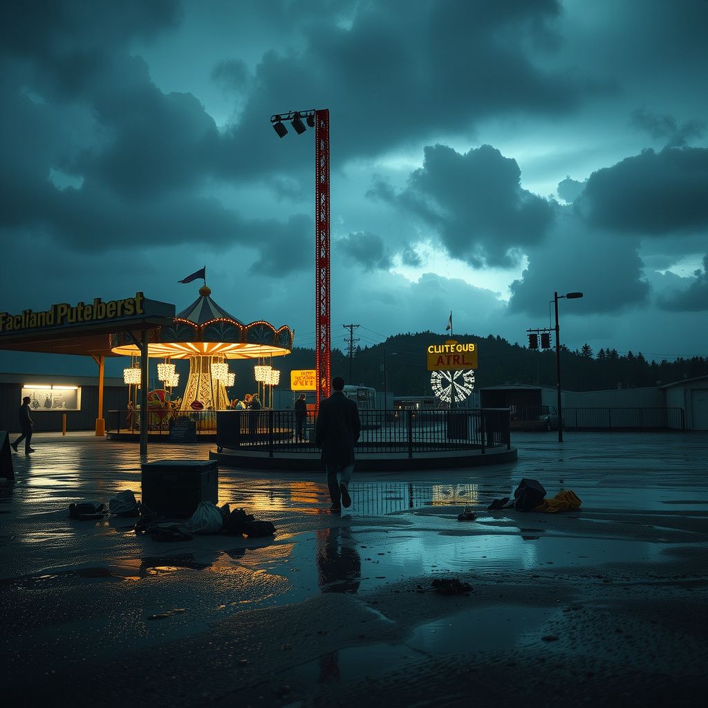 Surreal dream scene, cinematic and atmospheric, digital art: A surreal, rainy carnival at dusk with dim, overcast skies, empty rides being packed up, scattered forgotten belongings, and a lone figure walking through the deserted fairgrounds looking confused and searching for clues amid puddles and fallen decorations.