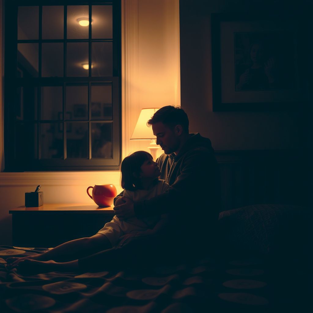 Surreal dream scene, cinematic and atmospheric, digital art: A college-aged woman quietly sharing a cozy, intimate moment with her new boyfriend, who is a little person, in a warmly lit bedroom while they navigate the complexities of living with her parents in the same house.