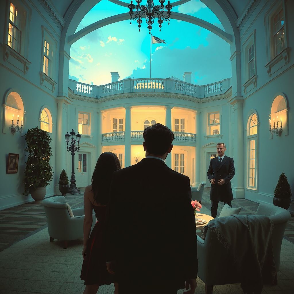 Surreal dream scene, cinematic and atmospheric, digital art: A tense, dramatic scene inside a grand, multi-level white mansion resembling a taller, skinnier White House during a lively party, focusing on a wary young woman confronting a softened, remorseful man while mysterious strangers lurk outside, creating an atmosphere of suspense and subtle betrayal.