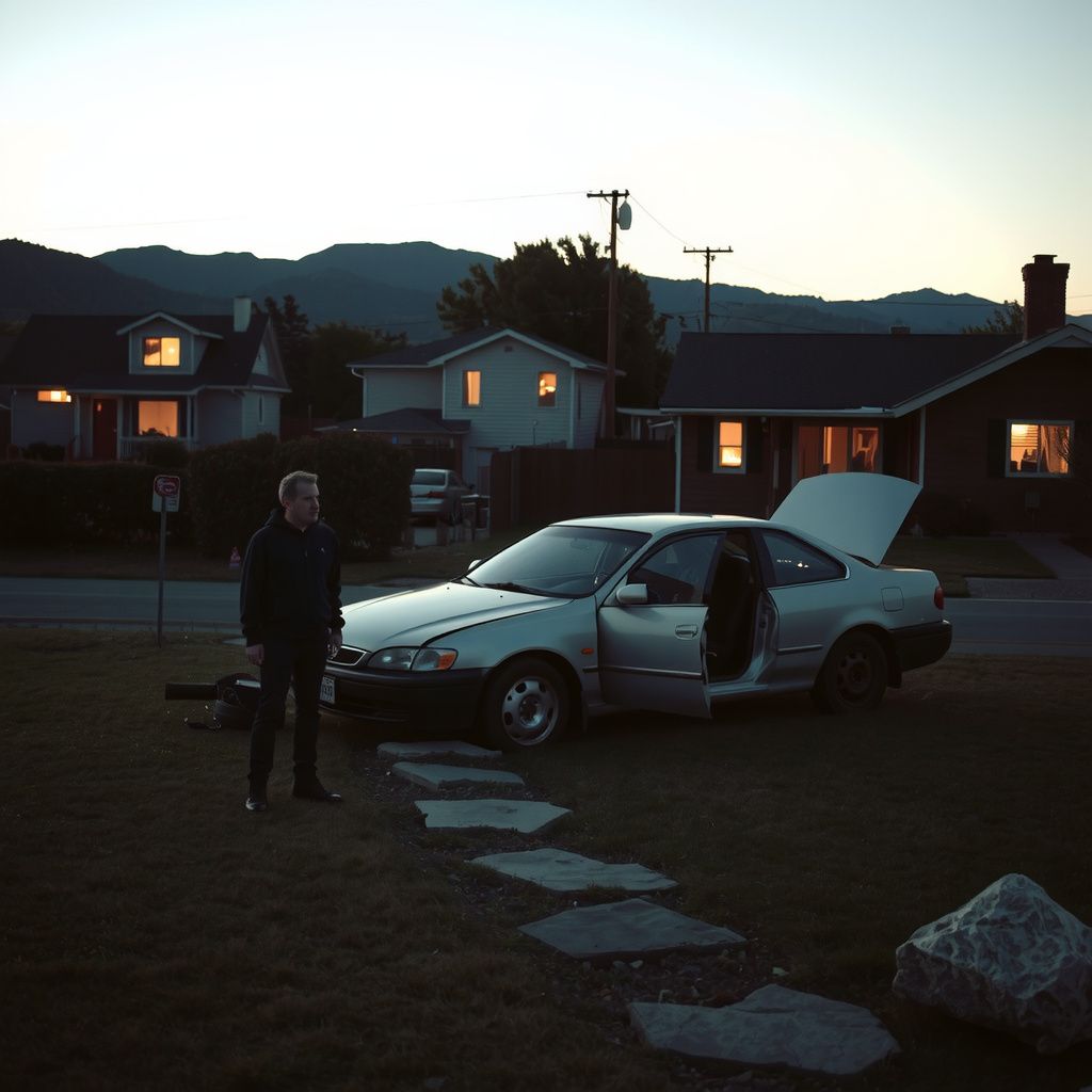 Surreal dream scene, cinematic and atmospheric, digital art: A surreal scene of a car crashed in a quiet backyard in California's Central Valley at dusk, surrounded by strange houses, with a confused person standing nearby looking for help.