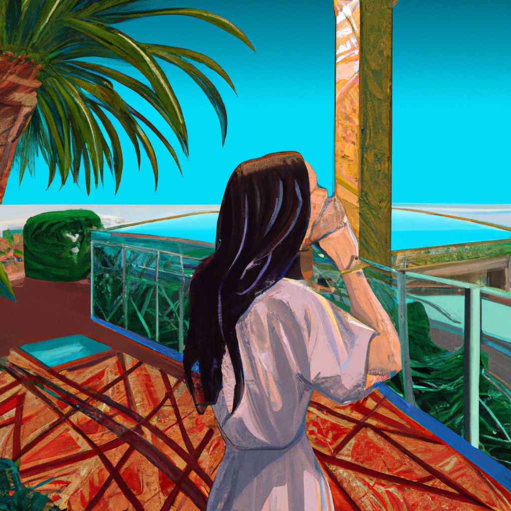 Digital art, A woman named Stacey stands on a luxurious balcony in a beautiful resort in California, capturing a recording on her phone to share with her boyfriend, as she contemplates the future of technology and her own journey towards legally changing her name.