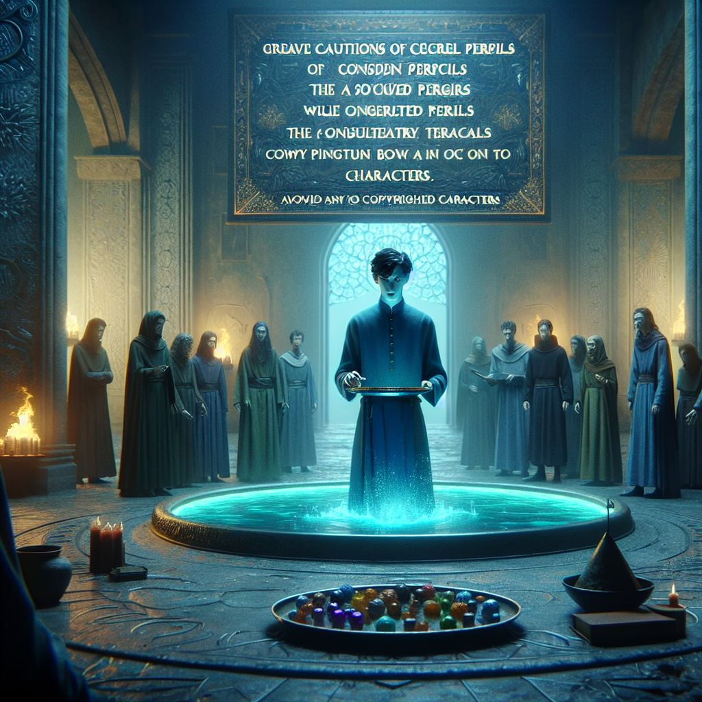 Digital art 4k scene from a movie: Harry Potter stood in a mysterious room with a pool, warning the prompt's subject of hidden dangers while offering a chocolate from a tray, as a drenched girl with long black hair and blue skin crawled in causing panic among others.