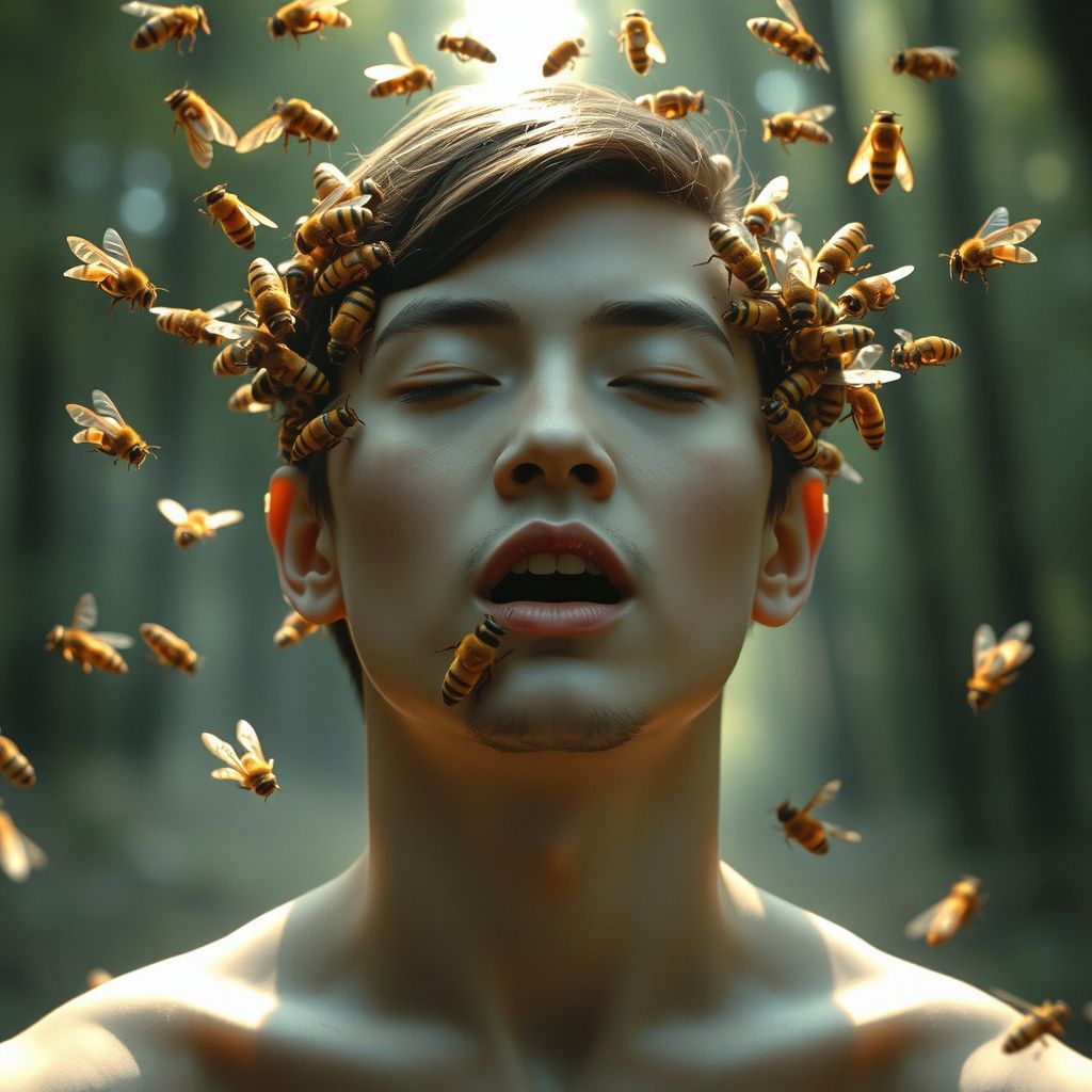 Surreal dream scene, cinematic and atmospheric, digital art: A person calmly stands with eyes closed as a gentle swarm of bees surrounds their face, with bees gently entering their open mouth in a peaceful, dreamlike forest setting.