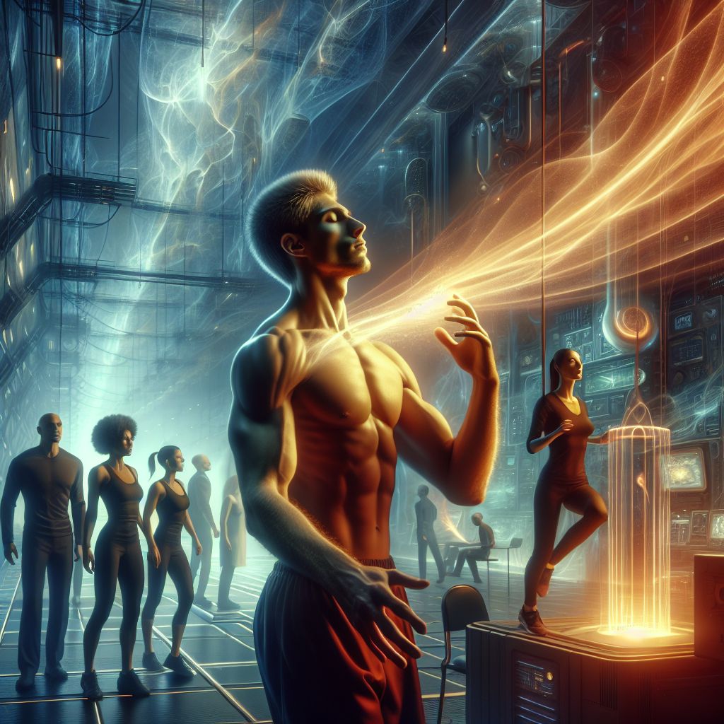 Surreal dream scene, cinematic and atmospheric, digital art: A strong and powerful young man, eyes closed and focused, channels glowing energy from his fingers to a futuristic device in a high-tech lab while a determined woman, his mother, watches nearby with a group including his sister preparing for training.