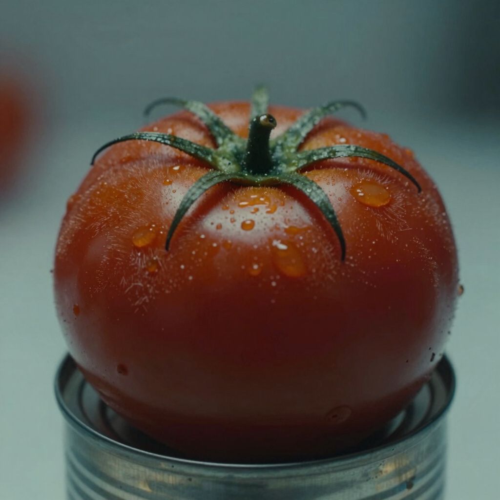 Surreal dream scene, cinematic and atmospheric, digital art: A surreal, close-up depiction of a canned tomato covered in soft, fuzzy hair, with a slightly unsettling yet whimsical atmosphere.
