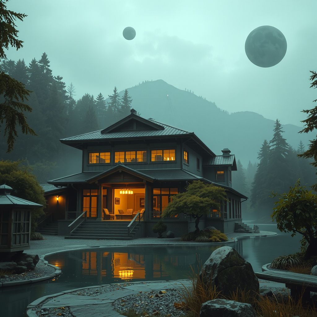 Surreal dream scene, cinematic and atmospheric, digital art: A serene, magical abandoned resort and hot springs inspired by Studio Ghibli, with a glowing Japanese bathhouse, an old theater, a hotel surrounded by an ancient forest, crystal-clear river reflecting the enchanting transformation from ruins to a lively, whimsical hidden world.