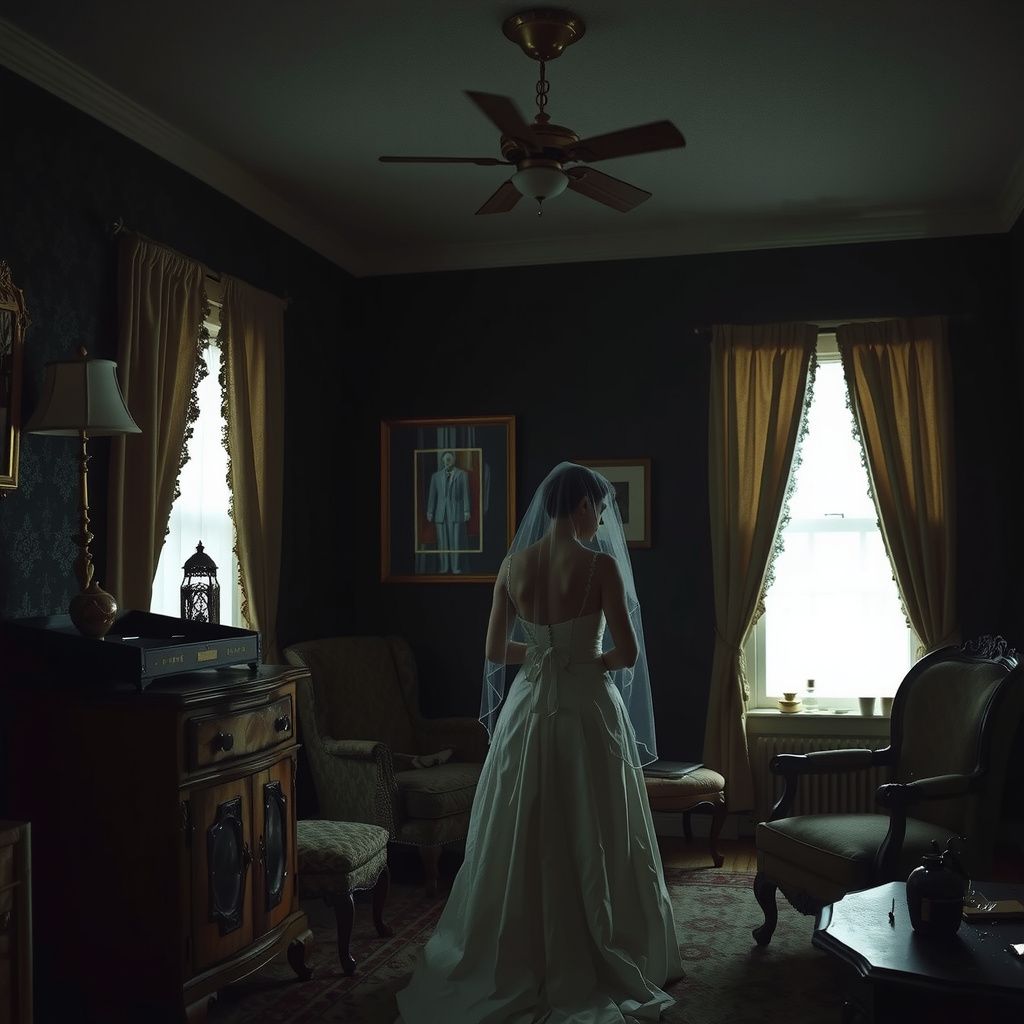 Surreal dream scene, cinematic and atmospheric, digital art: A bride preparing for her wedding in a vintage, eerie aunt's house filled with subtle ghostly shadows and an atmosphere of being watched.