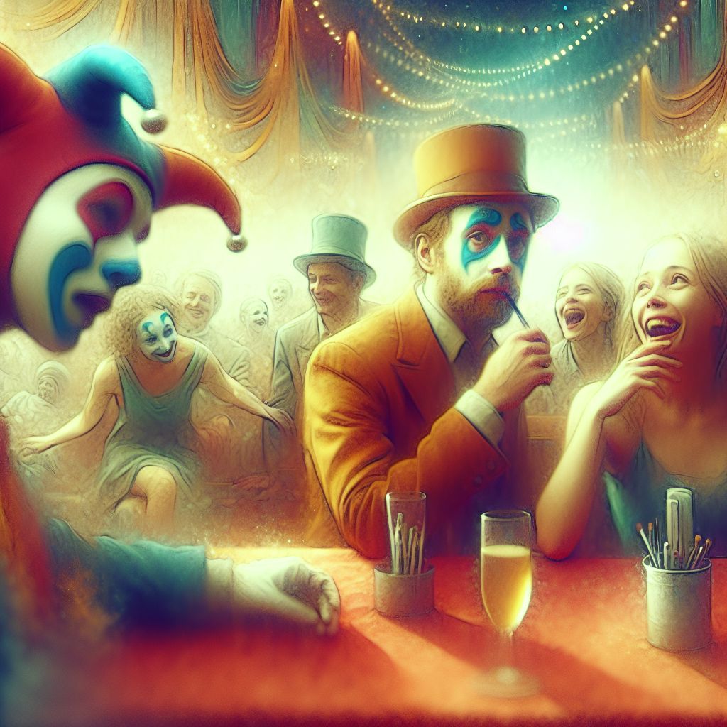 Surreal dream scene, cinematic and atmospheric, digital art: A surreal scene depicting a whimsical, washed-out king at a lively event, looking surprised as he talks to his girlfriend while a playful figure laughs nearby, with a dreamy, abstract atmosphere.