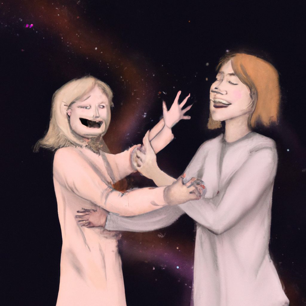 Digital art, Two close friends reunite after being apart for a long time, sharing a joyful and platonic moment together.