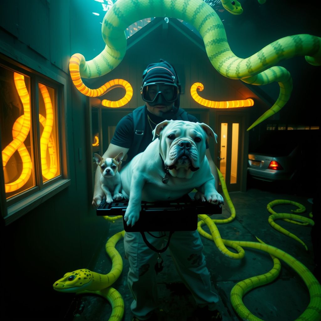 Surreal dream scene, cinematic and atmospheric, digital art: A determined person wearing a snorkel mask inside a submerged house filled with glowing fluorescent snakes, gently rescuing a fat white bulldog with spots and a small chihuahua into a kennel, while an underwater car waits nearby.