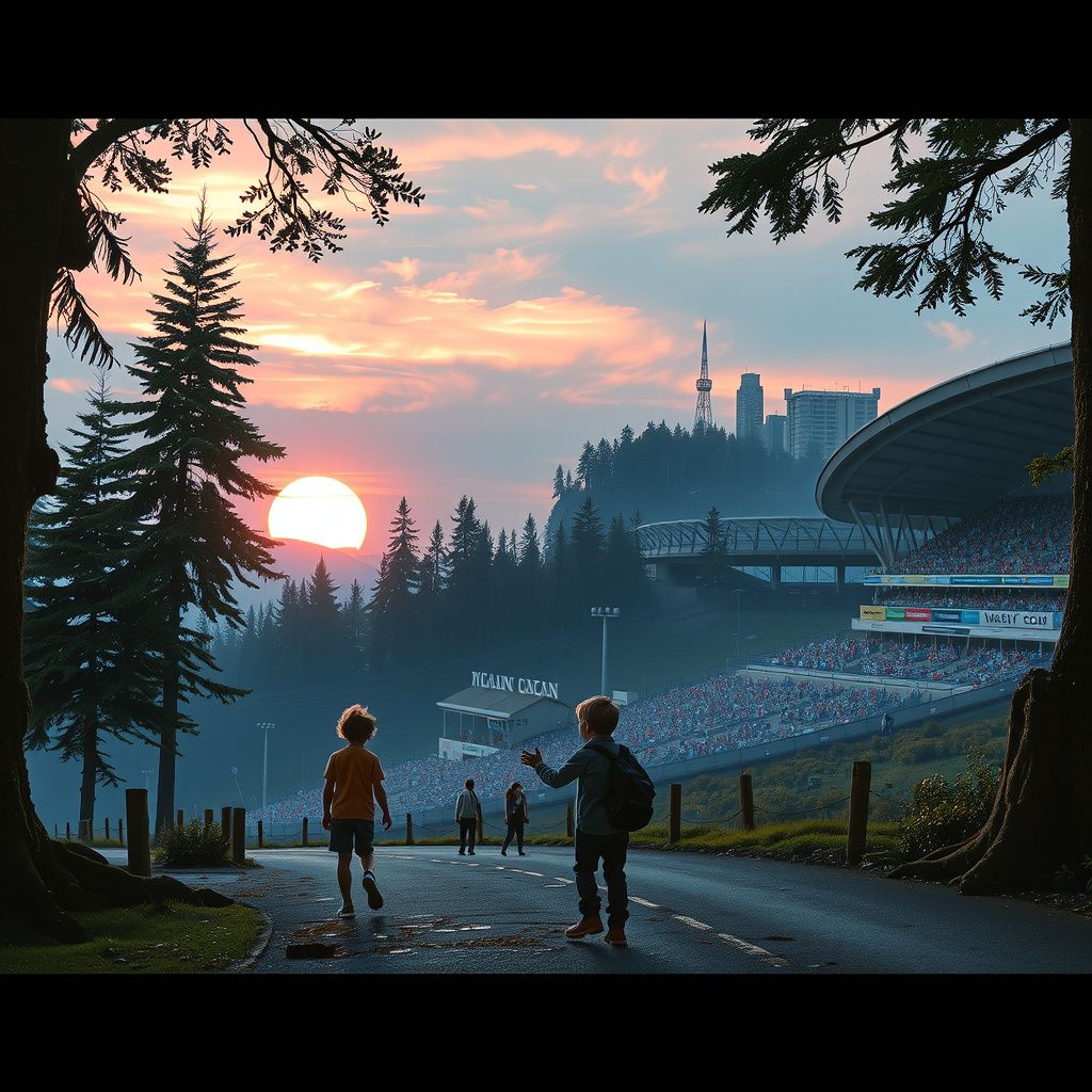 Surreal dream scene, cinematic and atmospheric, digital art: A young child and their friend travel through a mysterious forest to a secret music festival, meet a kind boutique owner who helps them with clothes, then are helped by a famous racecar driver who takes them to his luxury home and stadium to watch an exciting car race while they stay hidden from pursuers.