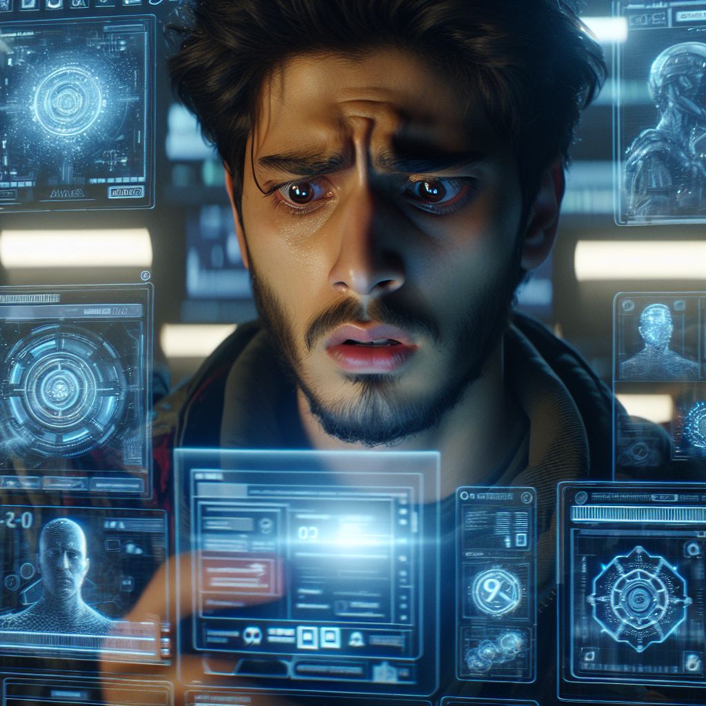 Digital art 4k scene from a movie: Show a young person using the app, looking confused as they try to navigate through the features and settings, desperately seeking assistance and guidance.