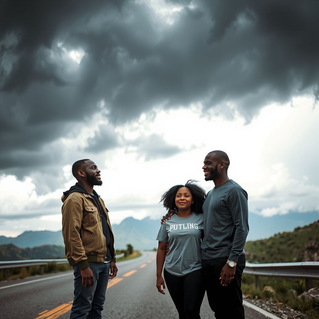 Surreal dream scene, cinematic and atmospheric, digital art: A bald-headed black man with a beard, his black brother, black sister, and close second cousin stand together on a mountain highway under dark storm clouds, posing for a photo taken by the brother who is a cinematographer, capturing their joyful moment before the rain.