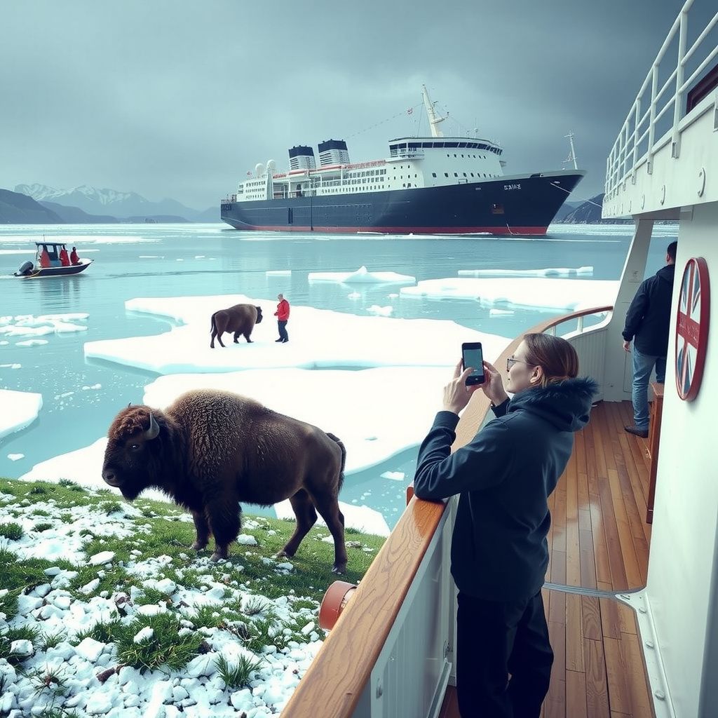 Surreal dream scene, cinematic and atmospheric, digital art: A traveler stands on the deck of a large ship transitioning from calm warm waters near home to icy seas, capturing photos on their smartphone while passing friendly boaters, observing people on ice floes below, and gazing at snowy bison grazing on green grassy fields near Lisbon under a serene, mysterious atmosphere.