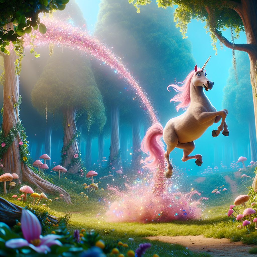 Digital art 4k scene from a movie: Generate an image of a playful pink unicorn pooping glitter in a magical forest.