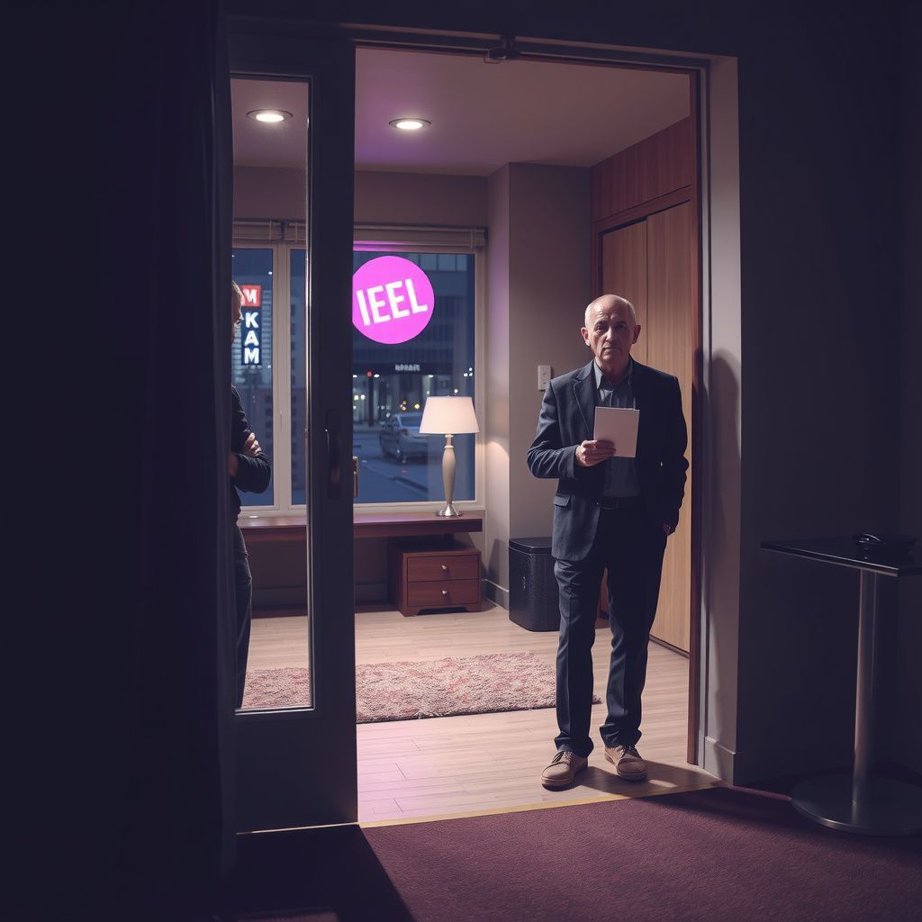 Surreal dream scene, cinematic and atmospheric, digital art: A tense party scene in a modern apartment where two friends share a quiet moment while a concerned older man stands outside the door holding a mysterious note, with subtle hints of a secretive conversation about mind control and a city mall visible through a window in the background.