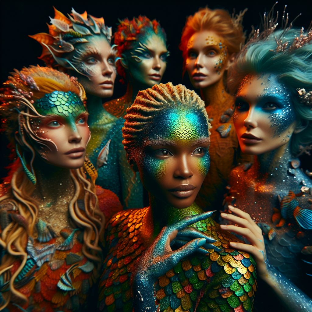 Digital art 4k scene from a movie: Create an image of a group of uniquely beautiful, "fish-ish" women with colorful and textured scales on their bodies, resembling mermaids on land.