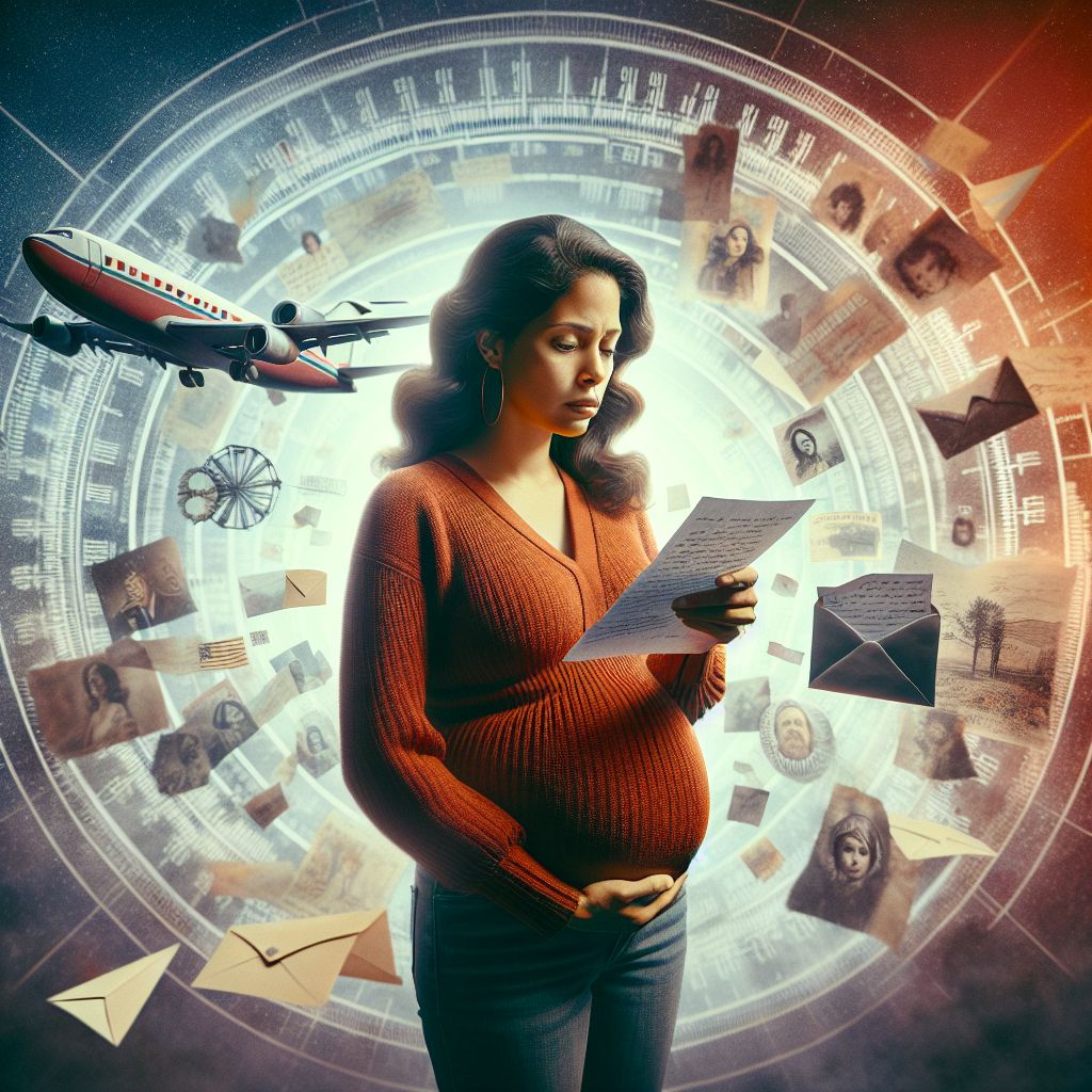 Surreal dream scene, cinematic and atmospheric, digital art: A pregnant woman, about seven months along, feels anxious and conflicted as she receives a heartfelt message of breakup from her partner who is upset about her closeness with another woman, while memories of a complicated past relationship and unspoken emotions linger in the background.