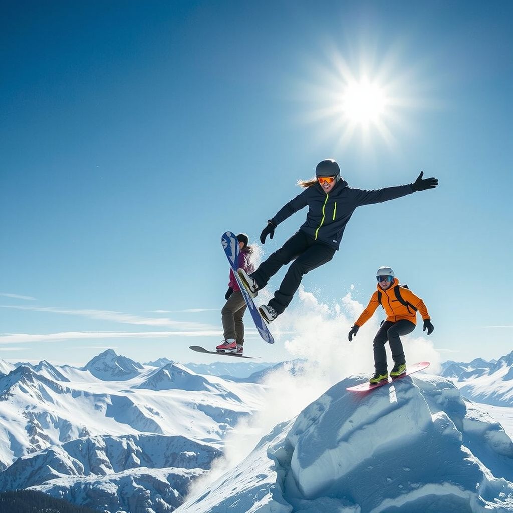 Surreal dream scene, cinematic and atmospheric, digital art: A group of snowboarders soaring through the air after launching off a massive jump against a bright blue sky with snowy mountains in the background.