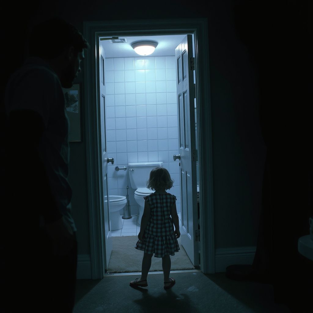 Surreal dream scene, cinematic and atmospheric, digital art: A tense and emotional scene inside a dimly lit house where a person quietly plans to help a frightened little girl escape from a mysterious group, conveying a mix of hope and sorrow, with a bathroom doorway in the background and a sense of urgency in the atmosphere.