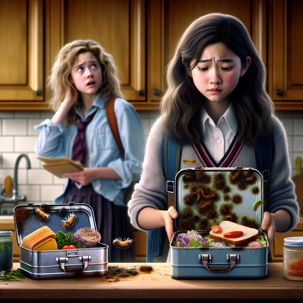 Digital art 4k scene from a movie: In need of a new lunch box, she hesitated as she discovered the moldy remnants of old food in her secondary school box and found her primary school box filled with fuzzy moldy bacteria.