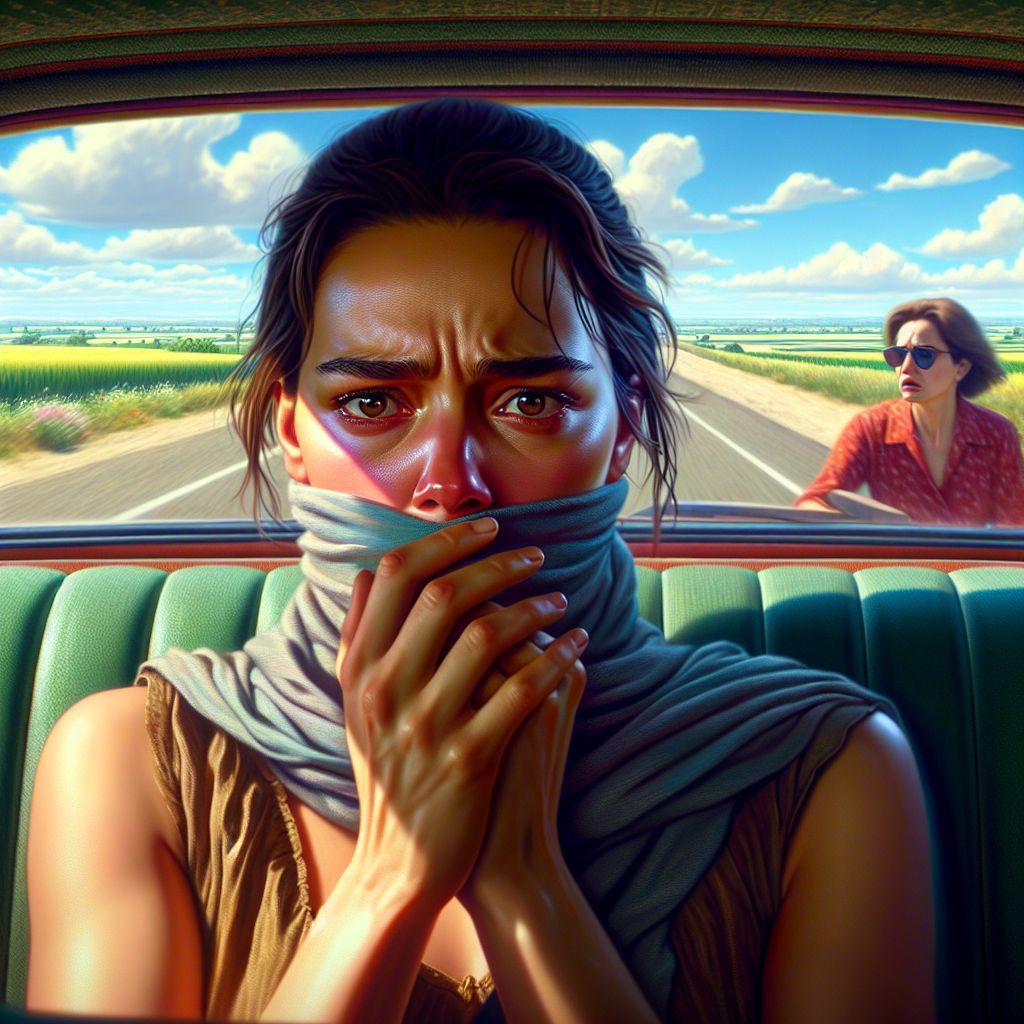 Digital art 4k scene from a movie: Rakel felt nauseous during their summer trip and worried she would get sick in the car while they were on a road trip in the southern part of the country.