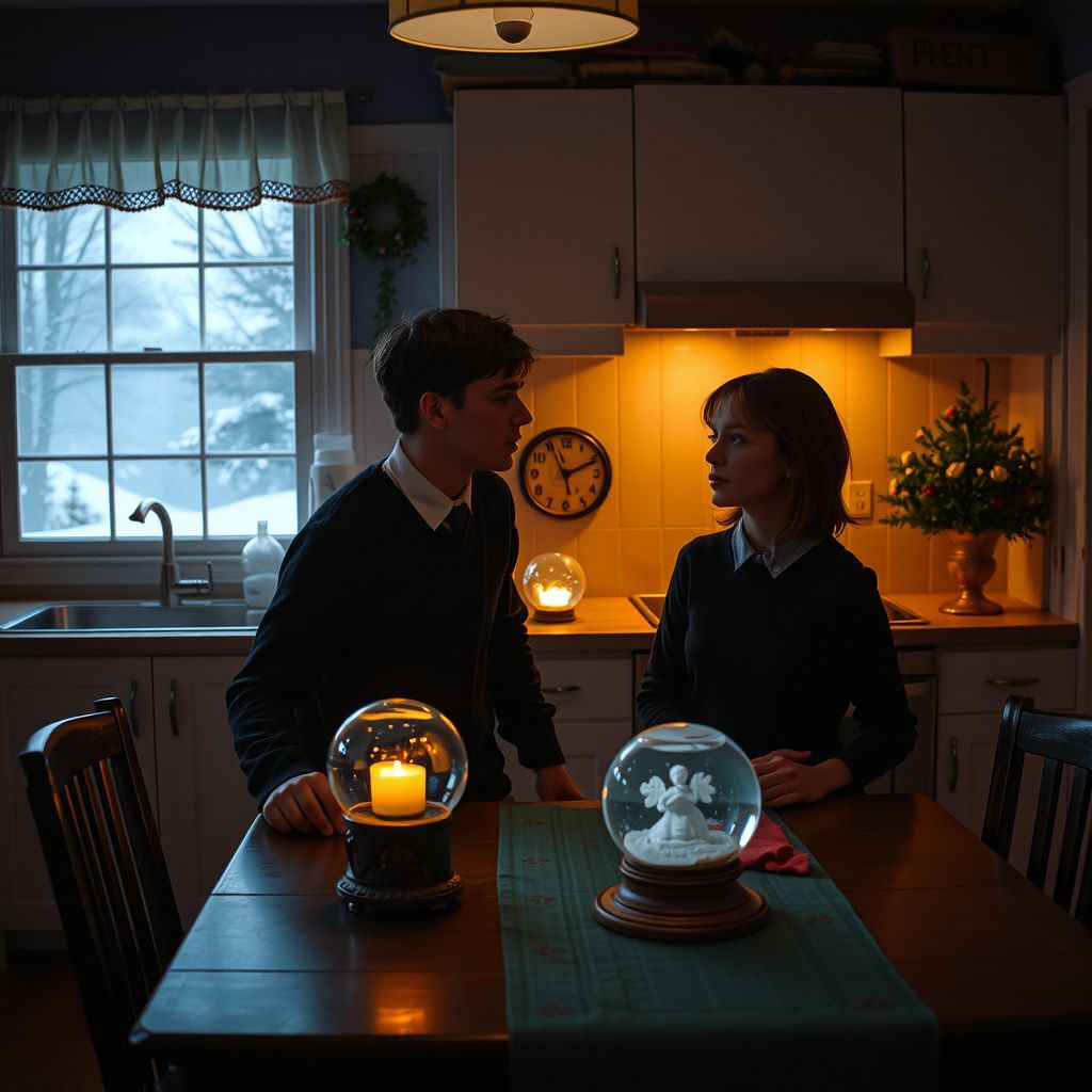 Surreal dream scene, cinematic and atmospheric, digital art: A somber young person sits on their boyfriend's lap at a cozy kitchen table, while he speaks gently with their mother, surrounded by softly glowing snow globes and a calming winter landscape visible through a nearby window.