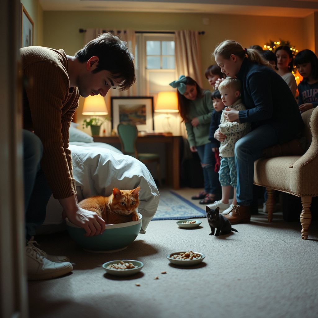 Surreal dream scene, cinematic and atmospheric, digital art: A worried person in a large, unfamiliar apartment quietly leaving small bowls of dry cat food on the floor while two shy cats hide among a crowd of uninvited, festive strangers, with curious children interrupting the scene.