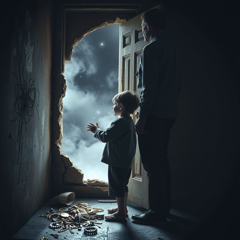 Surreal dream scene, cinematic and atmospheric, digital art: A curious child and their father cautiously uncover a hidden stash of jewelry inside the torn wall of an old, eerie haunted house with faint whispers and swirling wind inside.