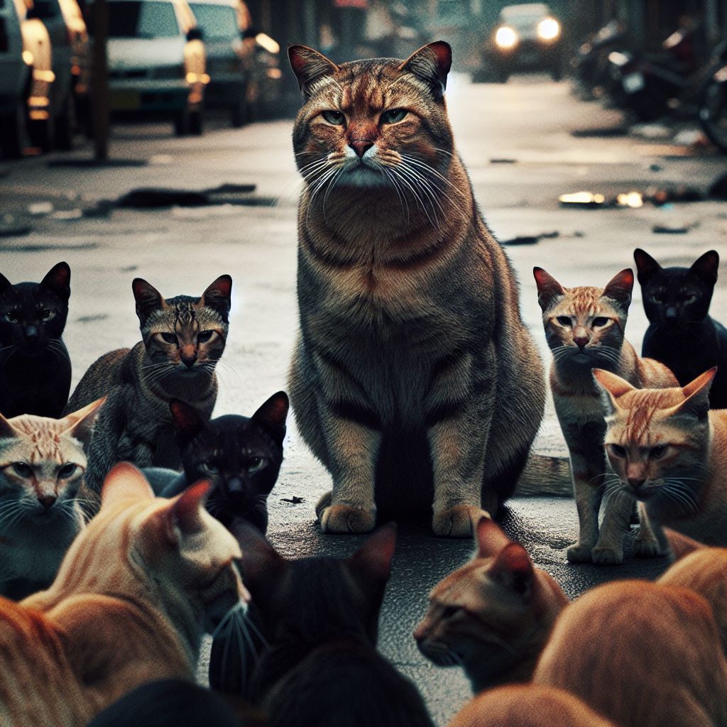 Digital art 4k scene from a movie: A gang of cats, their leader looking fat and stern, gathered in the road with a determined look in their eyes as they prepared for a territorial war.