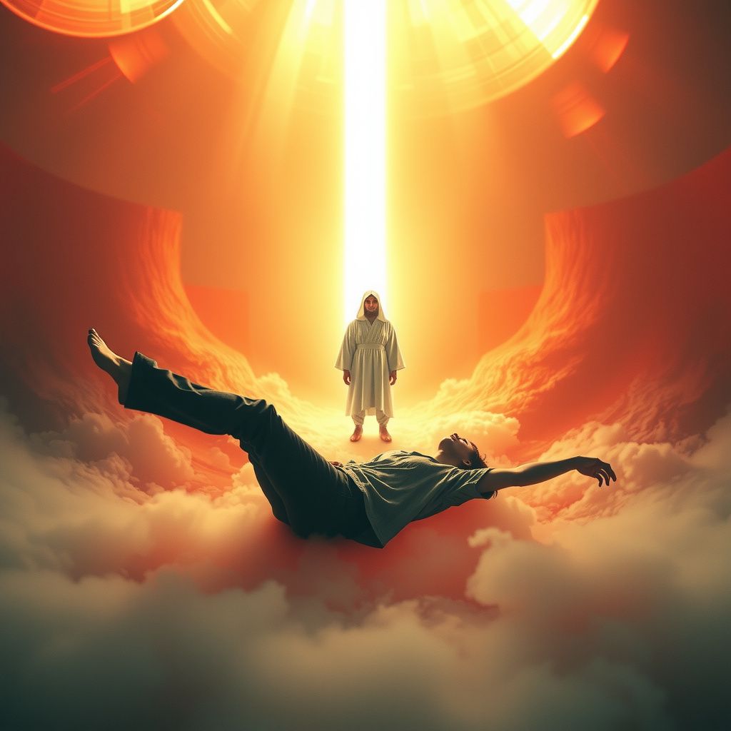 Surreal dream scene, cinematic and atmospheric, digital art: A person floats peacefully in a vibrant, swirling void of red, yellow, and green light, gently interacting with a calm, robed extraterrestrial figure radiating white light, surrounded by an ethereal atmosphere that suggests a serene interdimensional meeting.